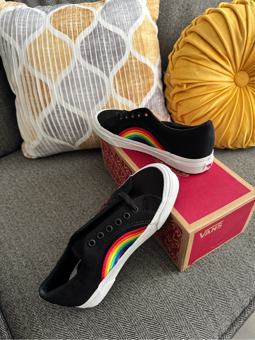 Vans Black Canvas Low-Top Sneakers with Rainbow Side Stripe - Picture 4 of 5
